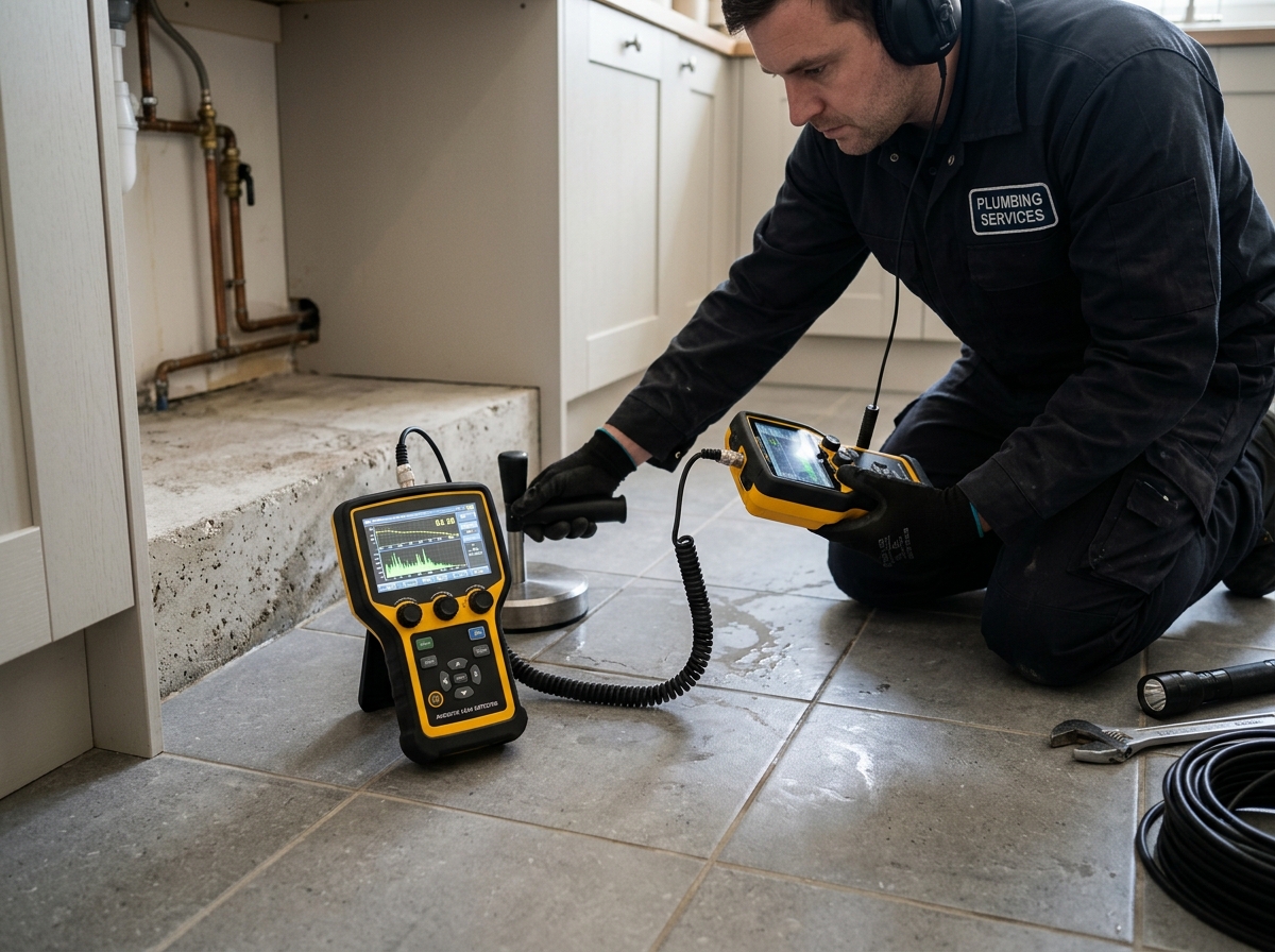 Plumbing technician compiling diagnostic leak detection paperwork and photos for insurance claim in Longview TX